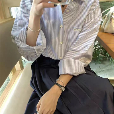 韩代@stetament订单款 贴布刺绣口袋氧气感蓝白条纹宽松休闲衬衫