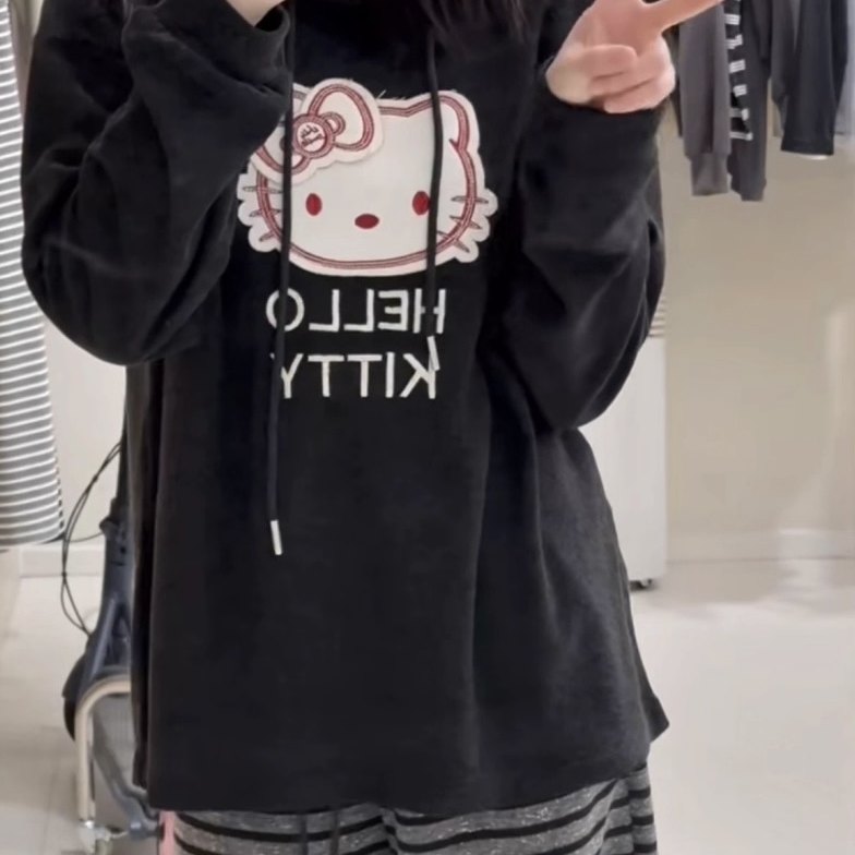 韩代@ch*i 甜美少女~贴布刺绣kitty宽松休闲毛巾绒连帽长袖卫衣