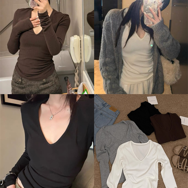 人手一件!韩代@stetame*t 软糯弹力修身巨显瘦正肩V领长袖打底衫