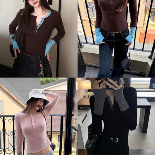 @chency原【230g针织羊绒】撞色拼接亨利领收腰显瘦长袖上衣打底