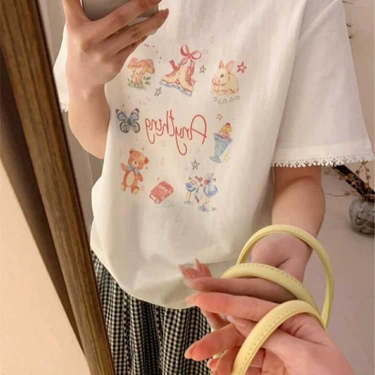 韩代@our mome*t 甜美可爱小兔子少女心印花 花边袖口圆领短袖T恤