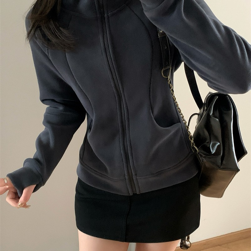 lulu同款 版型巨显瘦!双面加厚保暖奥利绒弹力修身连帽拉链外套