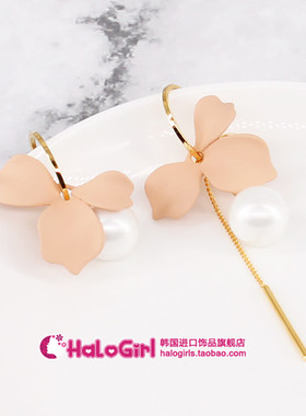 韩国进口925银针耳饰Nuance正品不对称花朵珍珠耳环AB款长耳钉女