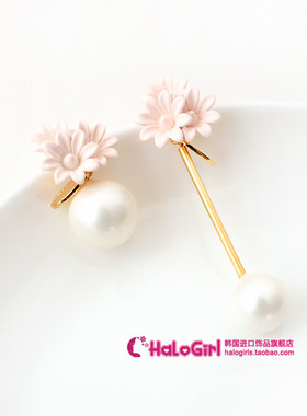 特价韩国Nuance正品耳饰 雏菊珍珠不对称耳环AB版长款气质耳钉女