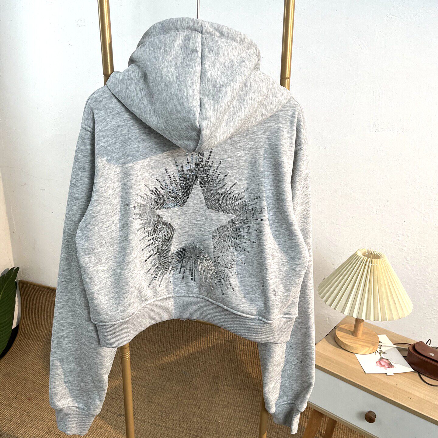 美式灰色连帽开衫拉链卫衣女2026春秋薄款宽松慵懒风外套短款高街