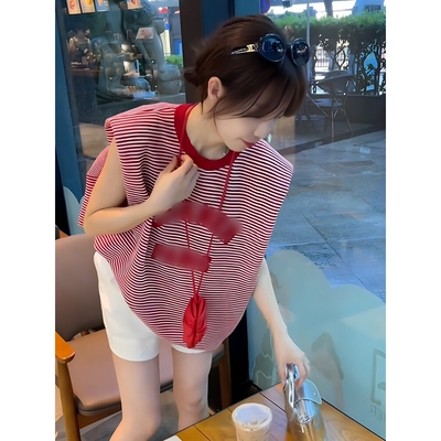 圆领撞色条纹刺绣字母小飞袖背心t恤女夏季洋气别致绝美小衫上衣