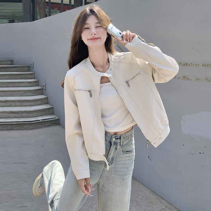 米白色工装皮衣外套女小个子2026春秋新款高级感pu皮夹克短款上衣