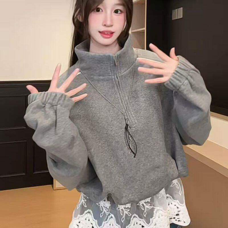 2026新款假两件蕾丝拼接卫衣女宽松半拉链设计感春秋薄款小众上衣