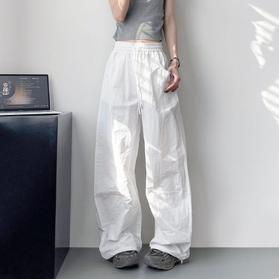 白色冰丝阔腿裤女夏季大码胖mm宽松显瘦肌理感褶皱速干运动休闲裤