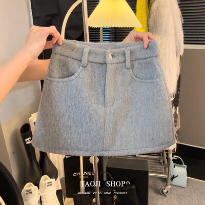 韩系时髦高腰显瘦毛呢半身裙女2025冬季新款小个子灰色A字短裙子