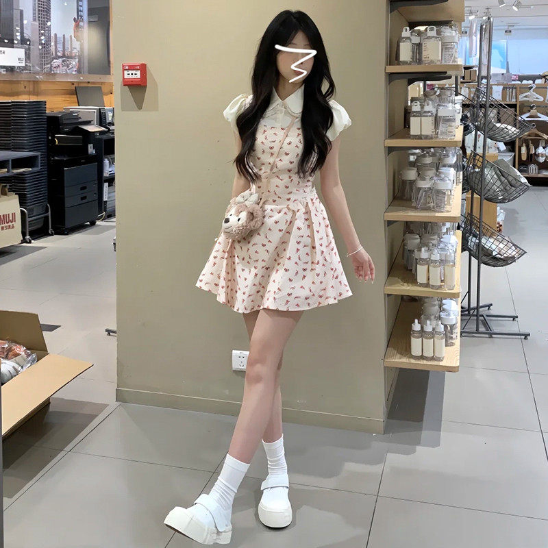 2026早春新款粉红色少女公主裙女小个子显瘦波点吊带假两件连衣裙