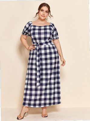 Plaid short-sleeved waist belted dress long skirt连衣裙长裙