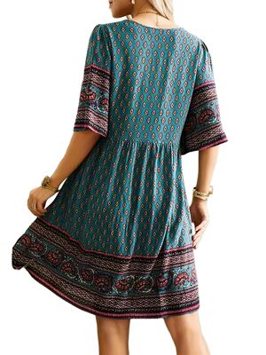 Hooded V-neck printed beach dress for women 套头印花沙滩长裙