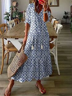 Loose V-neck printed medium sleeved dress女V领印花中袖连衣裙