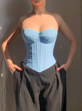 Solid color strapless waist top forwomen女士纯色抹胸束腰上衣