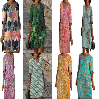 Women's V-neck Mid-length Sleeve Dress Multicolor Printed Sk