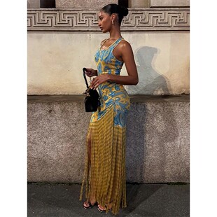 hanging neck printed bag dress 女士挂脖印花连衣裙Women hip