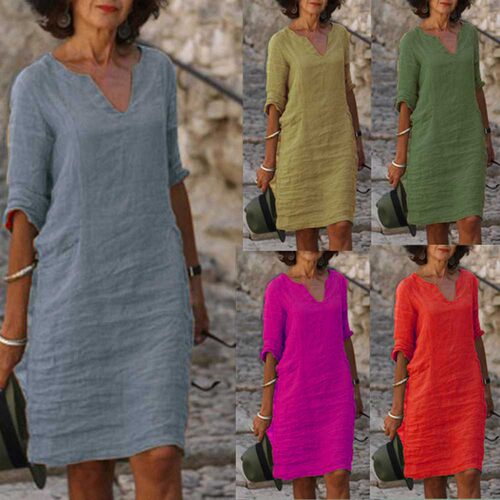 V-neck solid color three-quarter sleeve dress womenV领连衣裙