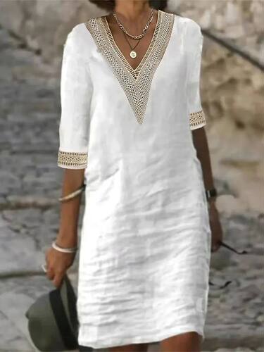 Solid color V-neck mid sleeve dress女式纯色V领中袖中长连衣裙
