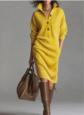 休闲翻领直筒针织毛衣裙女 Loose straight knitted woolen dress
