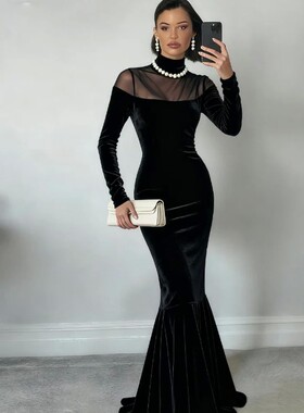 性感紧身纱网透视拼接连衣裙女Solid color mesh patchwork dress