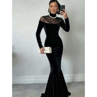 欧美性感修身纱网透视拼接连衣裙