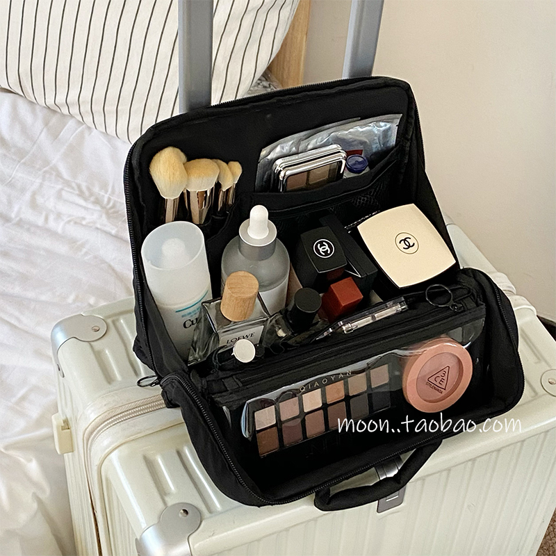 竖纹黑色分区化妆包女大容量便捷旅行化妆收纳包手提收纳袋洗漱包