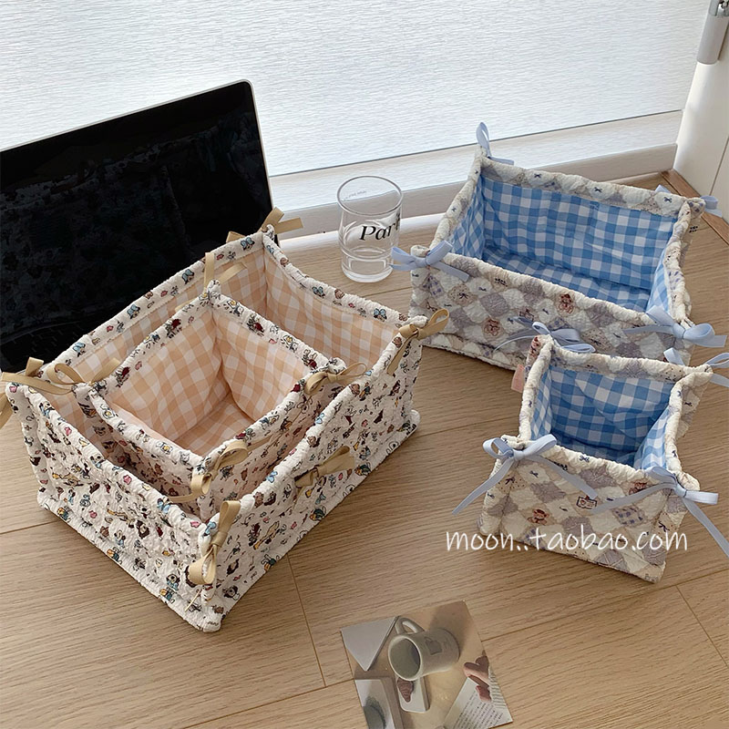 绗缝收纳筐可爱韩系菱形熊家用框子学生宿舍桌面化妆品杂物收纳盒