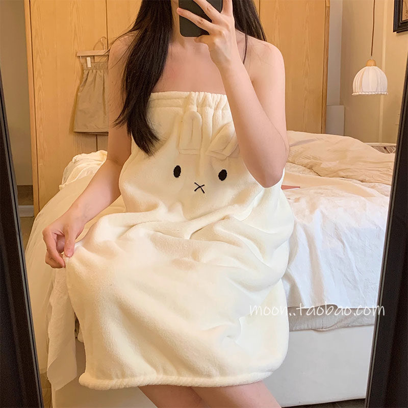 珊瑚绒吸水速干达人浴巾魔术贴卡通可爱兔子女生浴裙加厚全棉裹巾