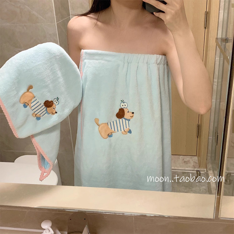魔术贴浴巾珊瑚绒裹巾吸水速干加厚卡通可爱小狗浴裙女生可穿可裹