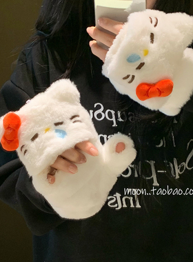 毛绒猫咪手套女孩冬季保暖骑行加厚防寒大童翻盖手套户外玩雪可爱