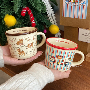 自制 圣诞风卡通马克杯家用喝水杯子陶瓷高颜值咖啡杯早餐把手杯