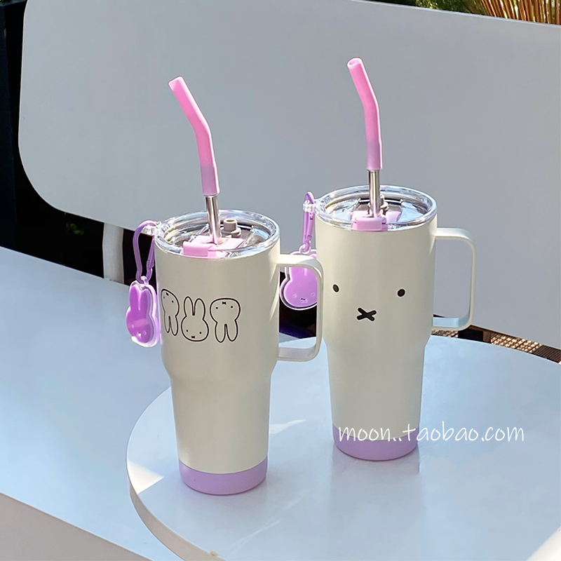 原创兔子巨无霸吸管保温杯大容量办公室水杯女304不锈钢冰霸杯子