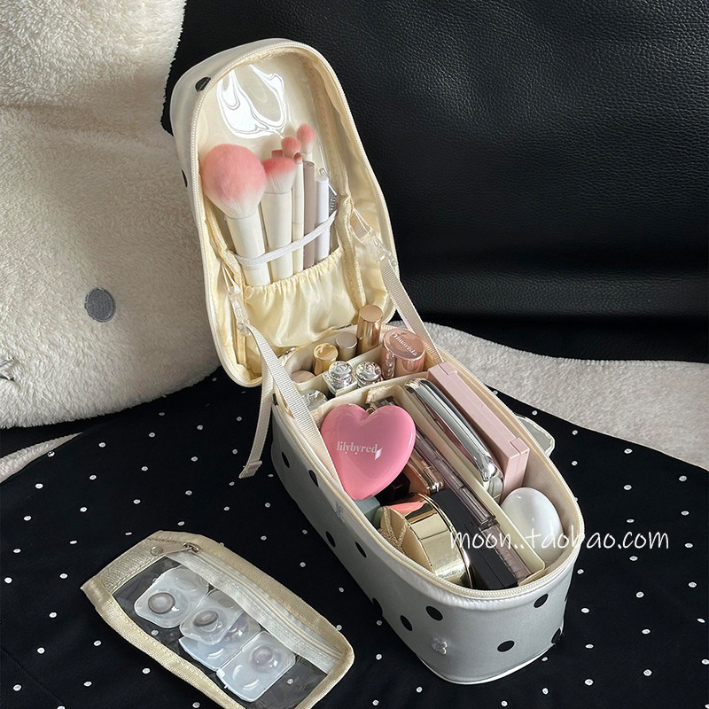 韩系银色波点分区手提化妆包女高颜值便携大容量化妆品收纳洗漱包图片
