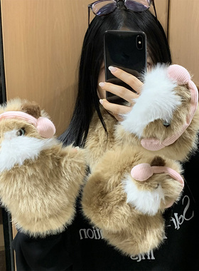 可爱卡通小猫毛绒交叉小围巾女秋冬季加厚保暖防寒学生氛围感围脖