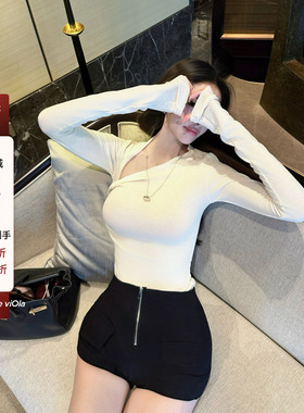 viola【塑形T】Skm1s 金姐懂我 不对称长袖T恤性感斜肩上衣打底衫