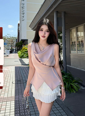 【【现货】viola【光影恋人】流光缎面定制f醋酸绑带交叉收腰T恤