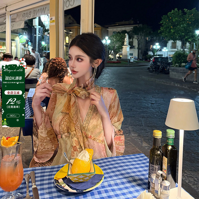 viola【南法画廊】du家印花vtg私服！重工钉珠刺绣飘带连衣裙