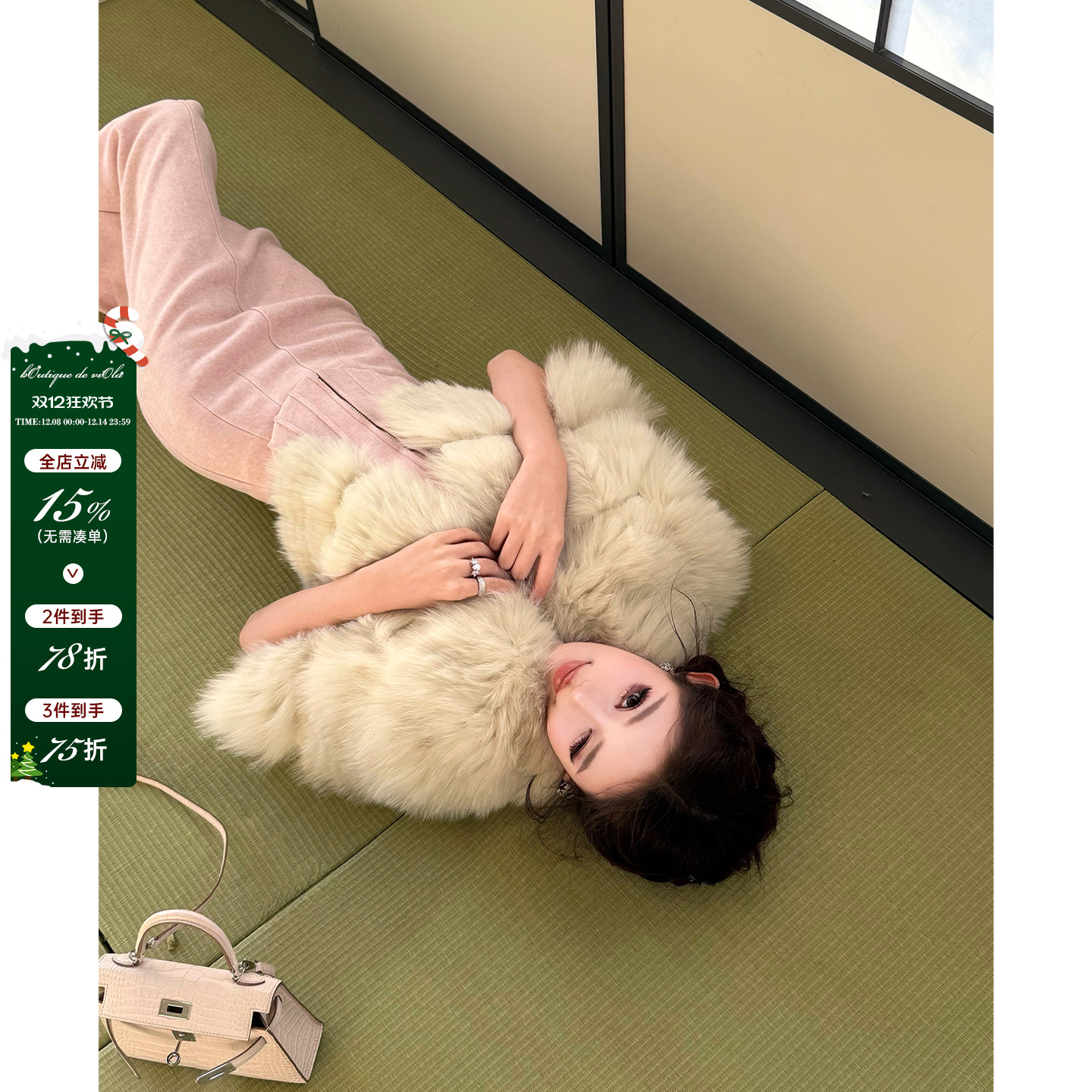 viola【蜜瓜奶狐】 芬兰进口saga白狐千金蕾丝拼接皮草外套气质