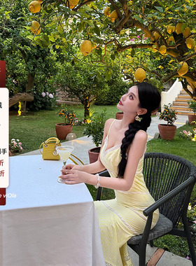 【现货】viola【柠檬岛】香2w+奶fu柠檬黄蕾丝拼接刺绣花边连衣裙