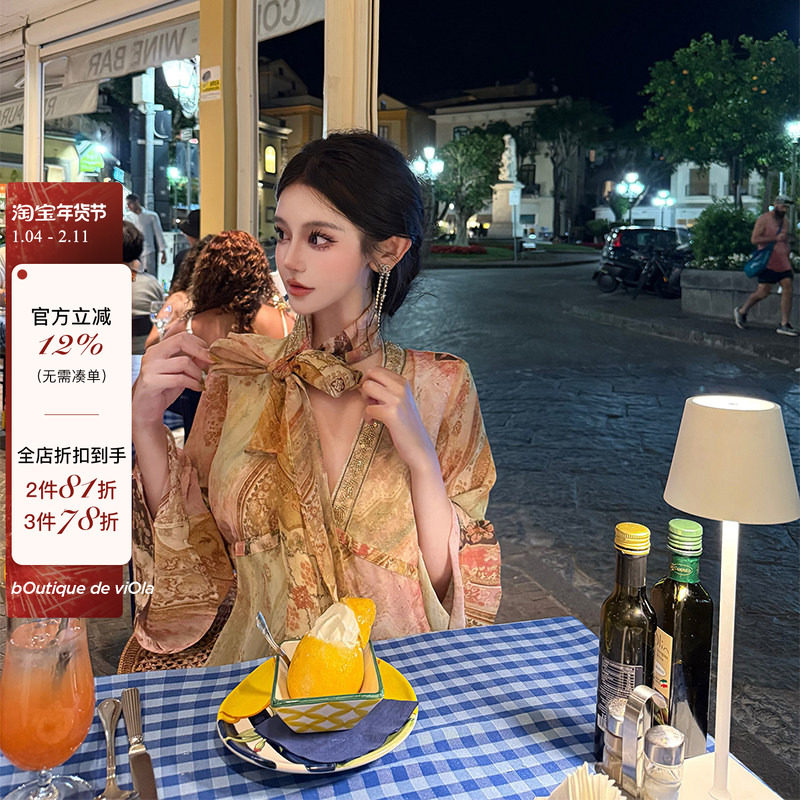 viola【南法画廊】du家印花vtg私服！重工钉珠刺绣飘带连衣裙,女装/女士精品,连衣裙,淘宝优惠券,粉丝福利购,淘宝优惠卷