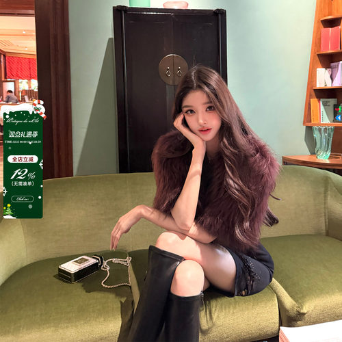 viola【扶桑花】禁忌紫红 进口貉子毛编织定染中古皮草保暖时髦