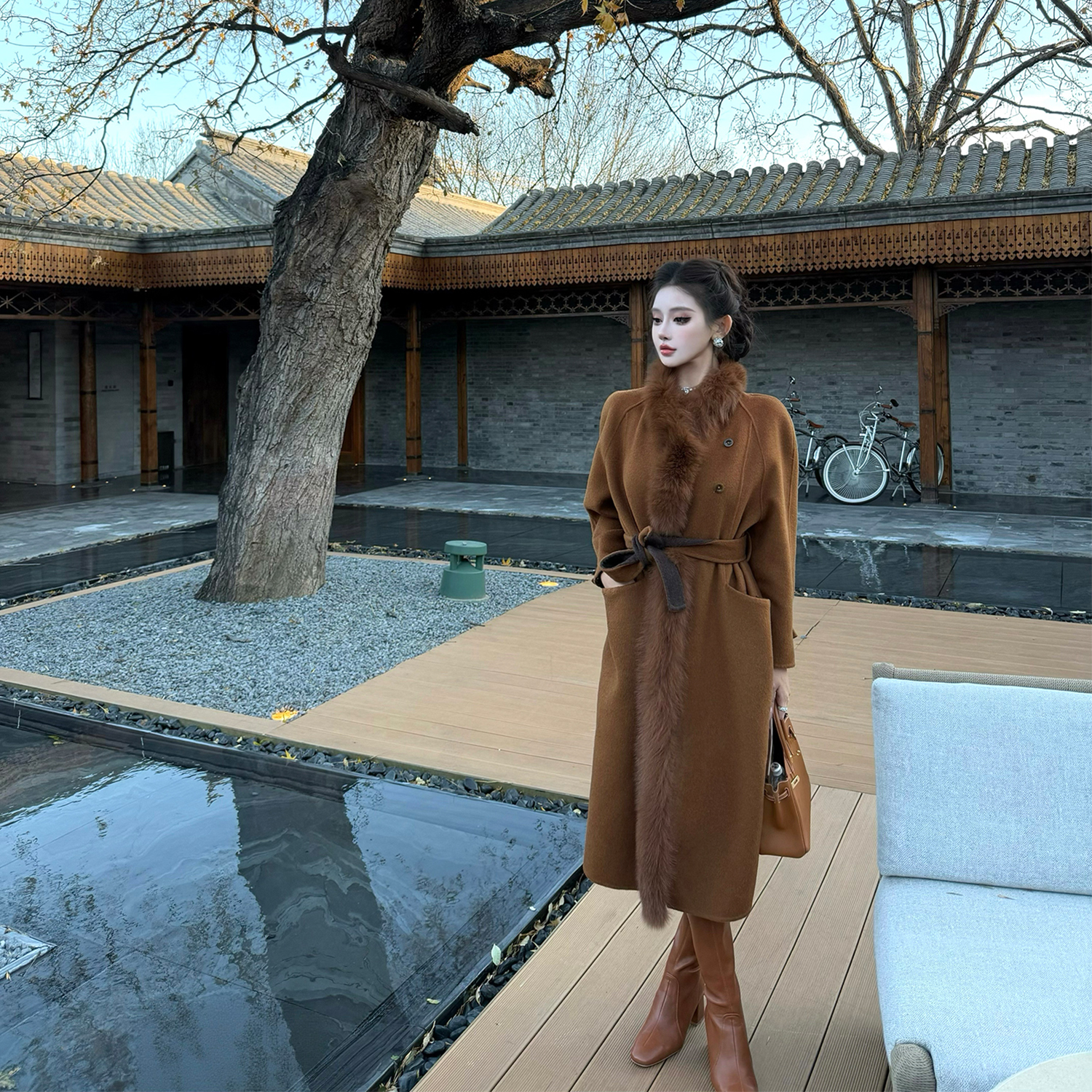 11.27 8PM【枫叶焦糖】 10羊绒90羊毛定染焦糖色狐狸毛大衣