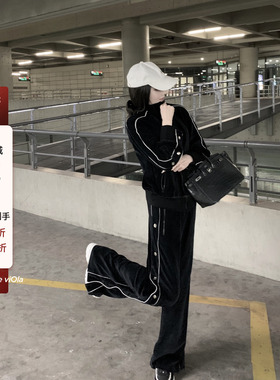 viola 富贵姐的日常穿搭 黑色丝绒套装女韩版宽松气质运动两件套