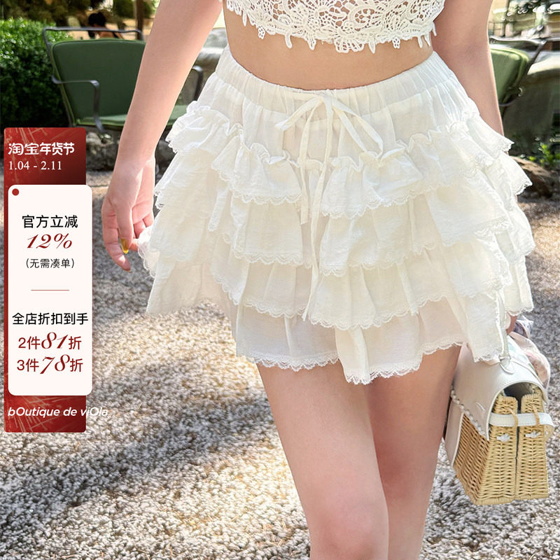 【现货】 viola【西西里】超甜翻糖裙双色重工蕾丝拷边蛋糕短裙