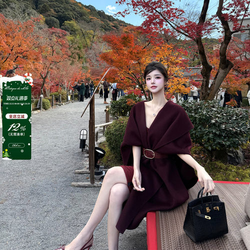 viola【人生大衣】勃艮第&黑皮诺elis*鳄鱼纹腰带100羊毛大衣