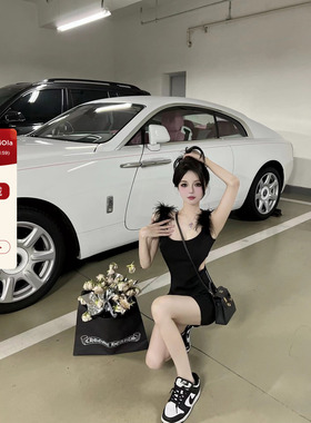 viola 早秋收腰连衣裙 羽毛裙 Du家版型黑色无袖性感露腰短裙女