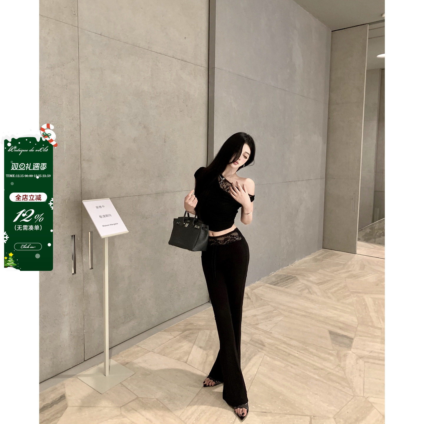 viola【欲望都市】Bluma*小众设计感蕾丝斜肩上衣显瘦休闲裤套装