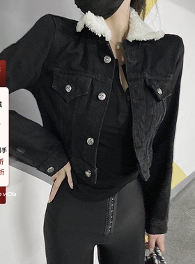 viola甜丧少女 黑色牛仔外套女秋冬拼接羊羔毛翻领宽松韩版短外套