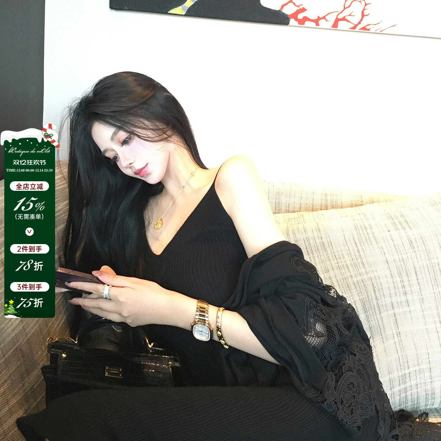 viola【东京都】2024秋冬新品优雅氛围纯欲性感气质针织连衣长裙